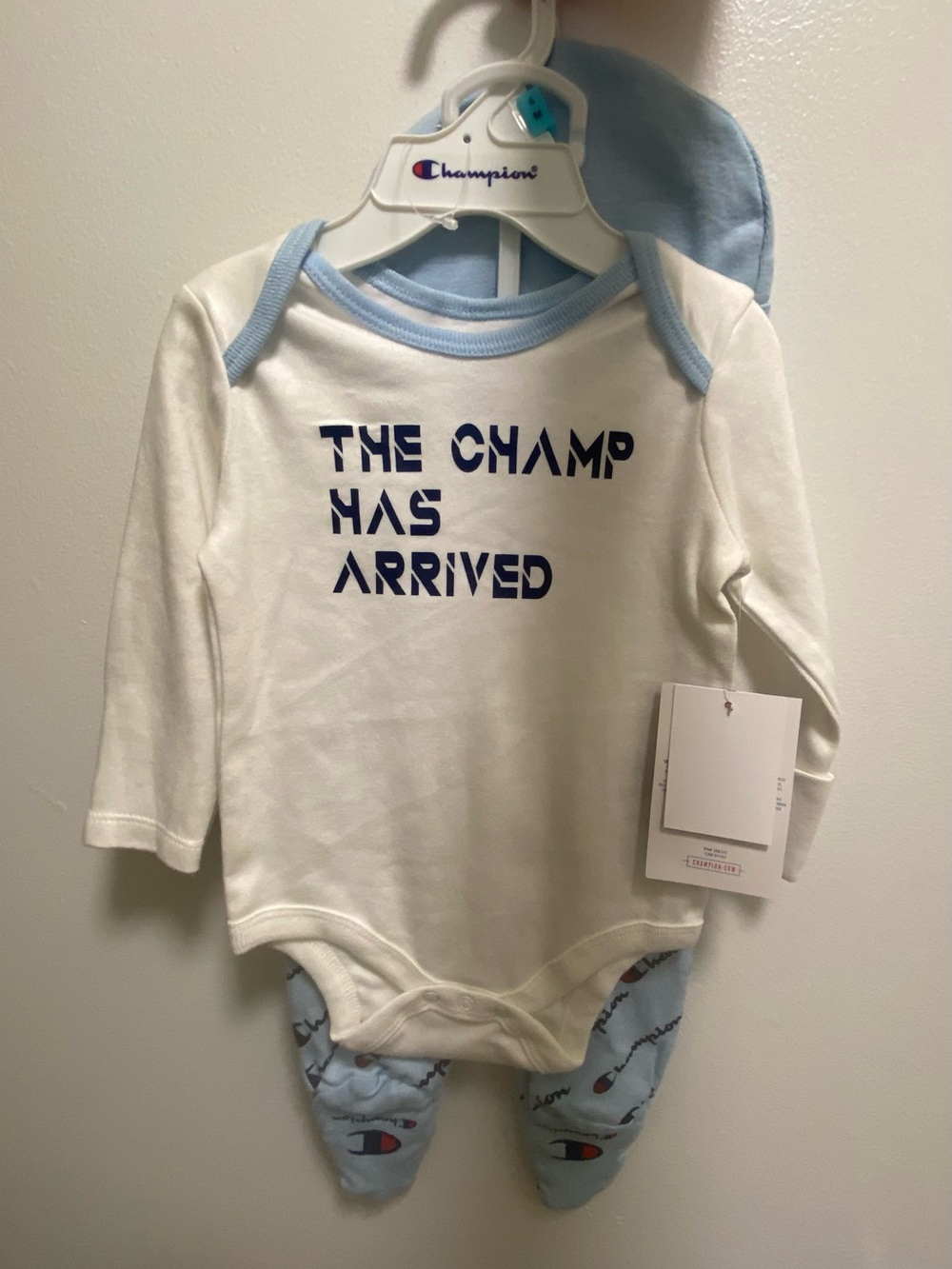 Champion White and Light Blue 'The Champ Has Arrived' Baby One-Piece